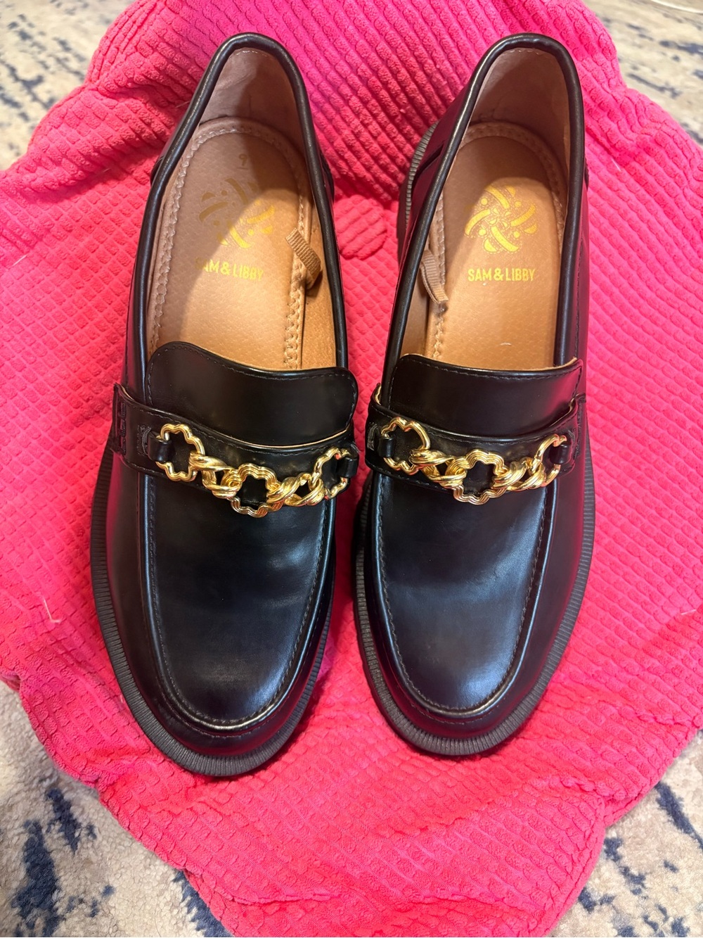 Sam & Libby Black Leather Loafers with Gold Chain Trim